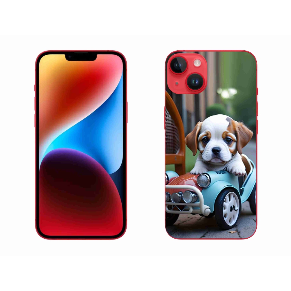 Gelový kryt mmCase na iPhone 14 Plus - štěně v retro autě