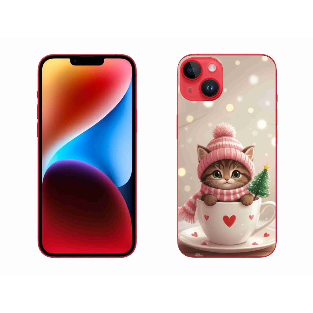 Gelový kryt mmCase na iPhone 14 Plus - vánoční kotě v hrnku