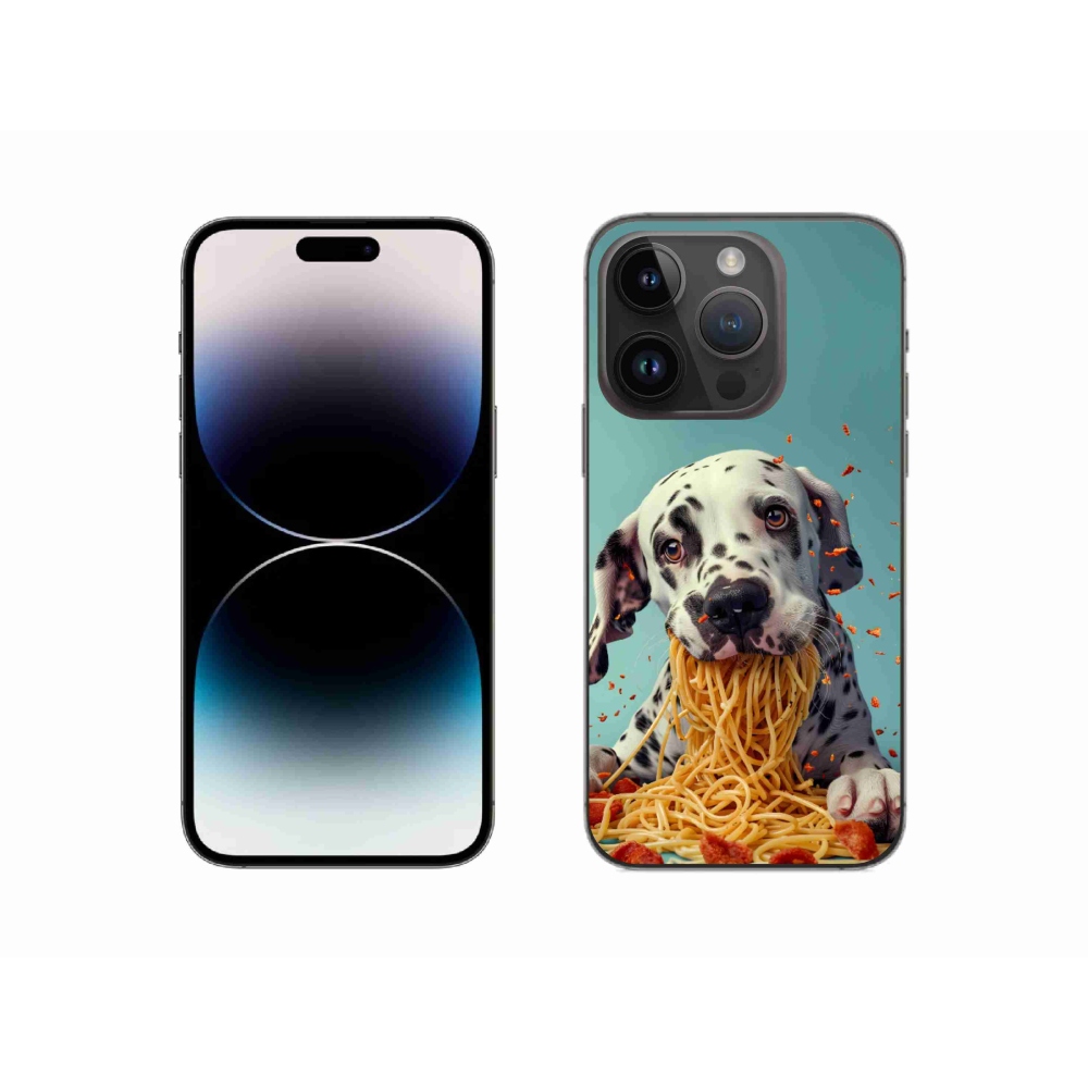 Gelový kryt mmCase na iPhone 14 Pro - dalmatin a špagety