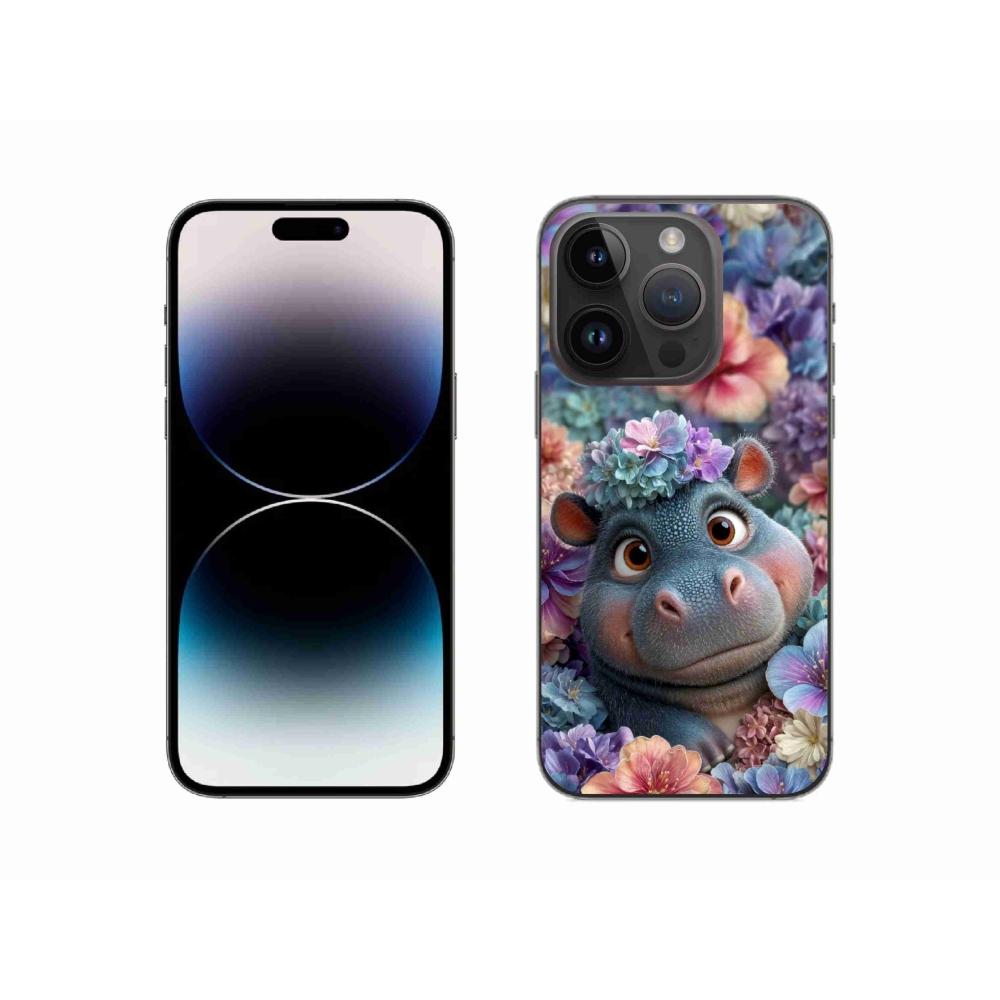 Gelový kryt mmCase na iPhone 14 Pro - hrošík v květinách