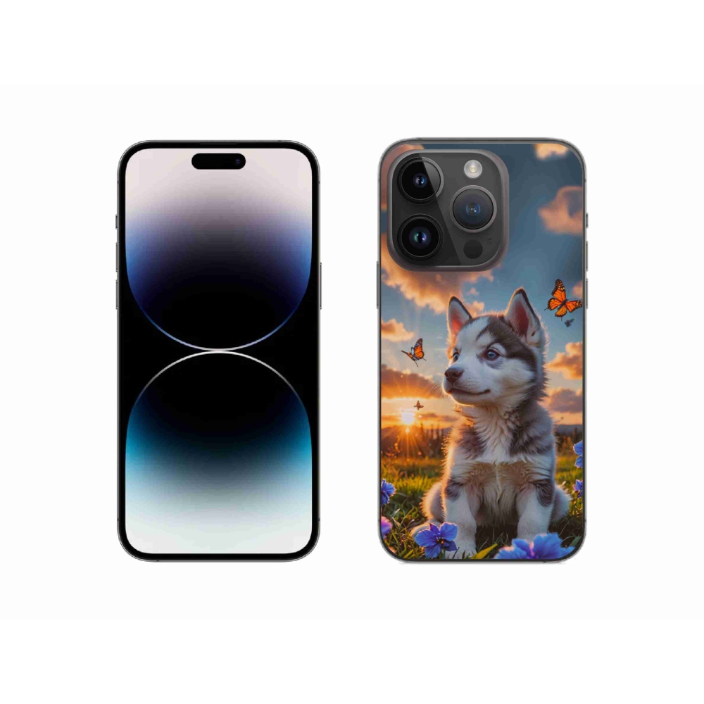 Gelový kryt mmCase na iPhone 14 Pro - husky při západu slunce