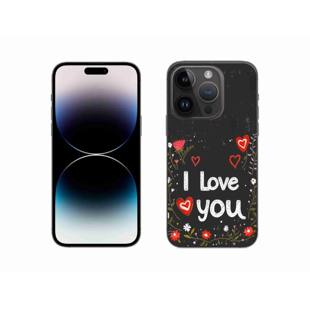 Gelový kryt mmCase na iPhone 14 Pro - I love you černé pozadí