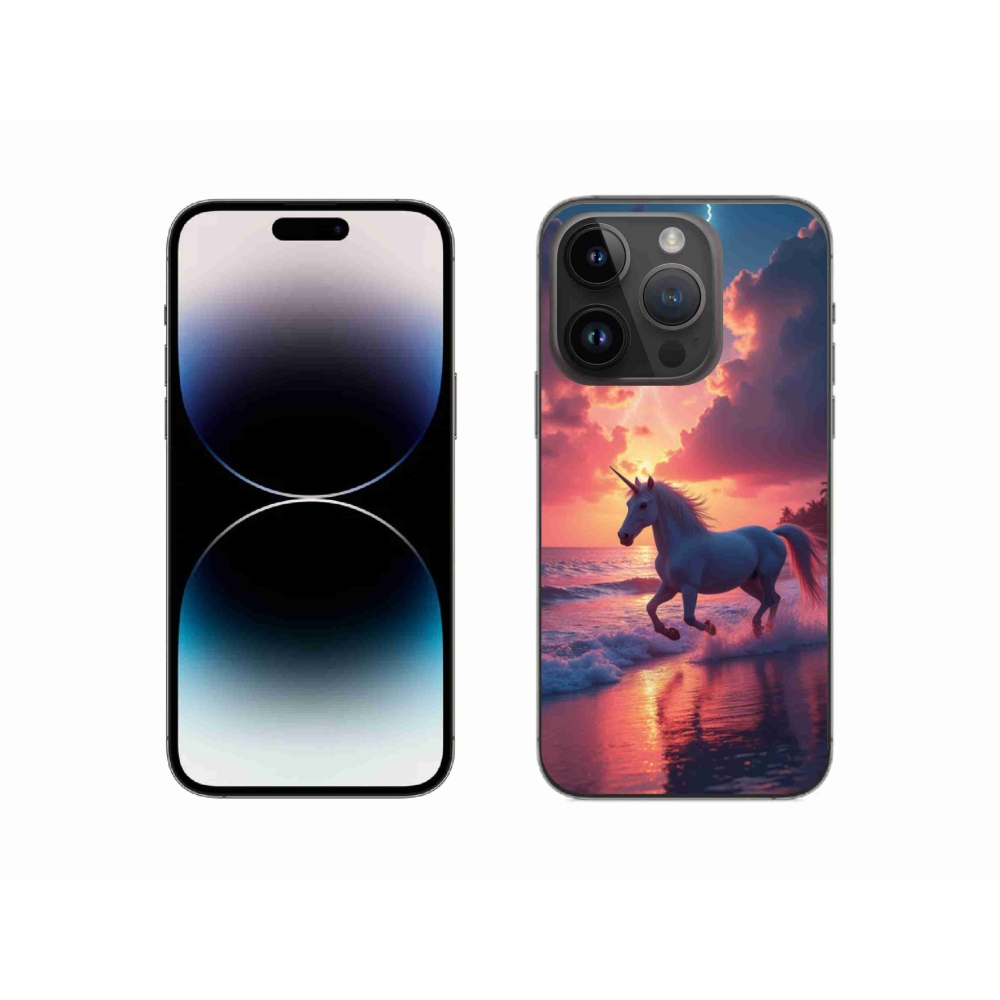Gelový kryt mmCase na iPhone 14 Pro - jednorožec na pláži
