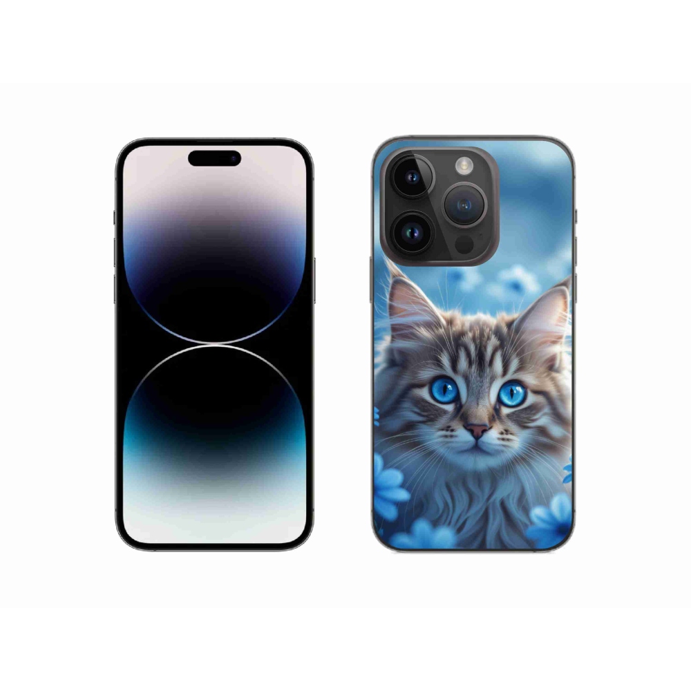 Gelový kryt mmCase na iPhone 14 Pro - koťátko v modrých květech