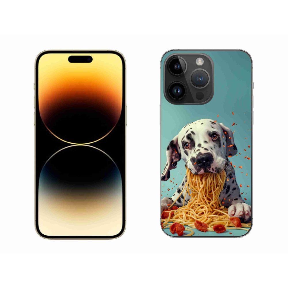Gelový kryt mmCase na iPhone 14 Pro Max - dalmatin a špagety