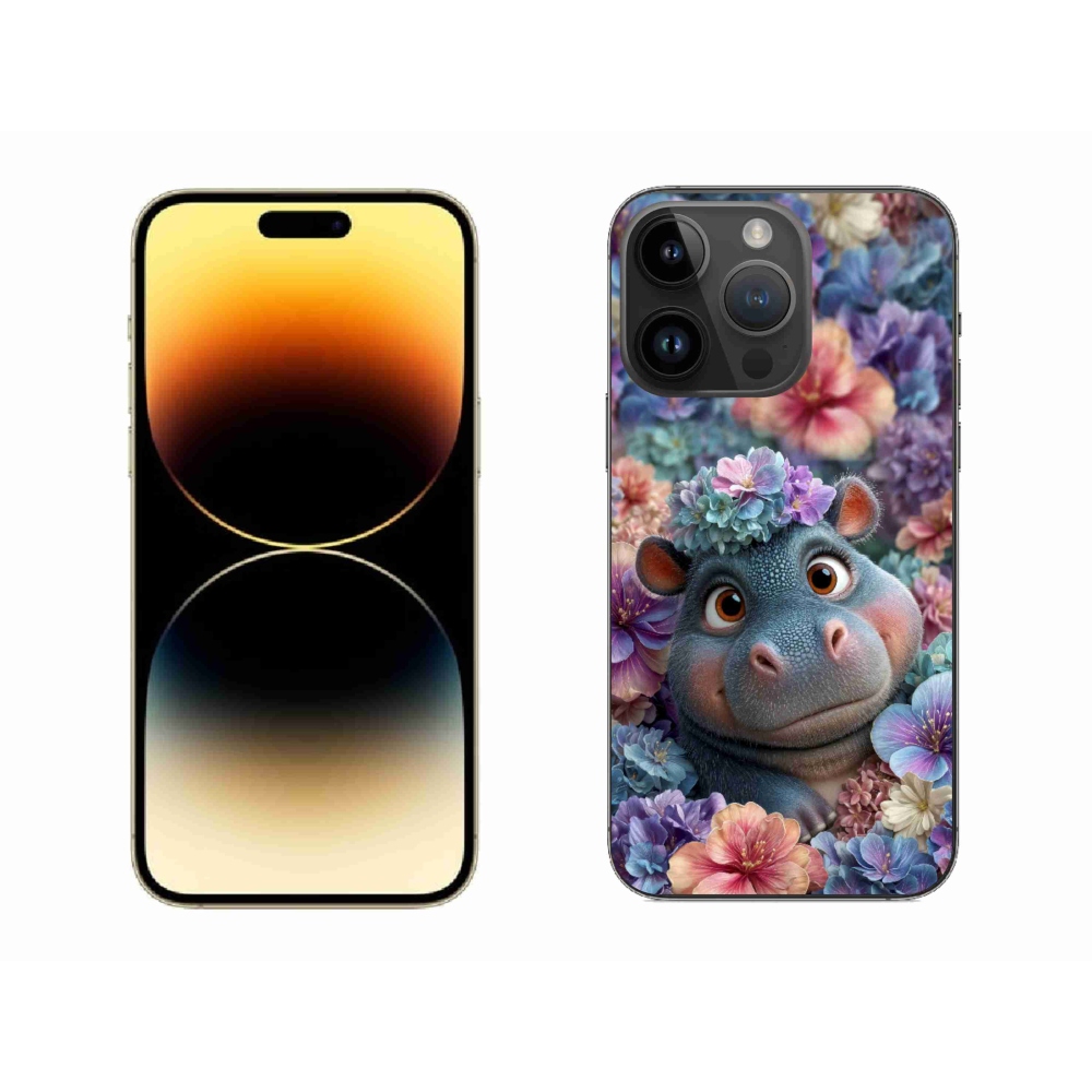 Gelový kryt mmCase na iPhone 14 Pro Max - hrošík v květinách