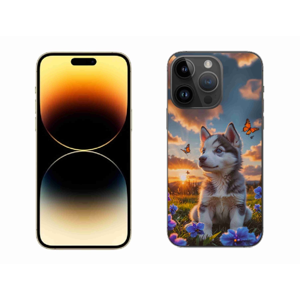 Gelový kryt mmCase na iPhone 14 Pro Max - husky při západu slunce