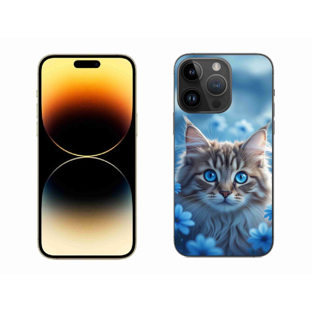 Gelový kryt mmCase na iPhone 14 Pro Max - koťátko v modrých květech