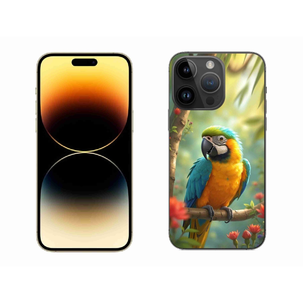 Gelový kryt mmCase na iPhone 14 Pro Max - papoušek ara modrožlutá