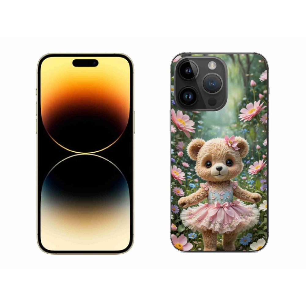 Gelový kryt mmCase na iPhone 14 Pro Max - roztomilý medvídek v květinách