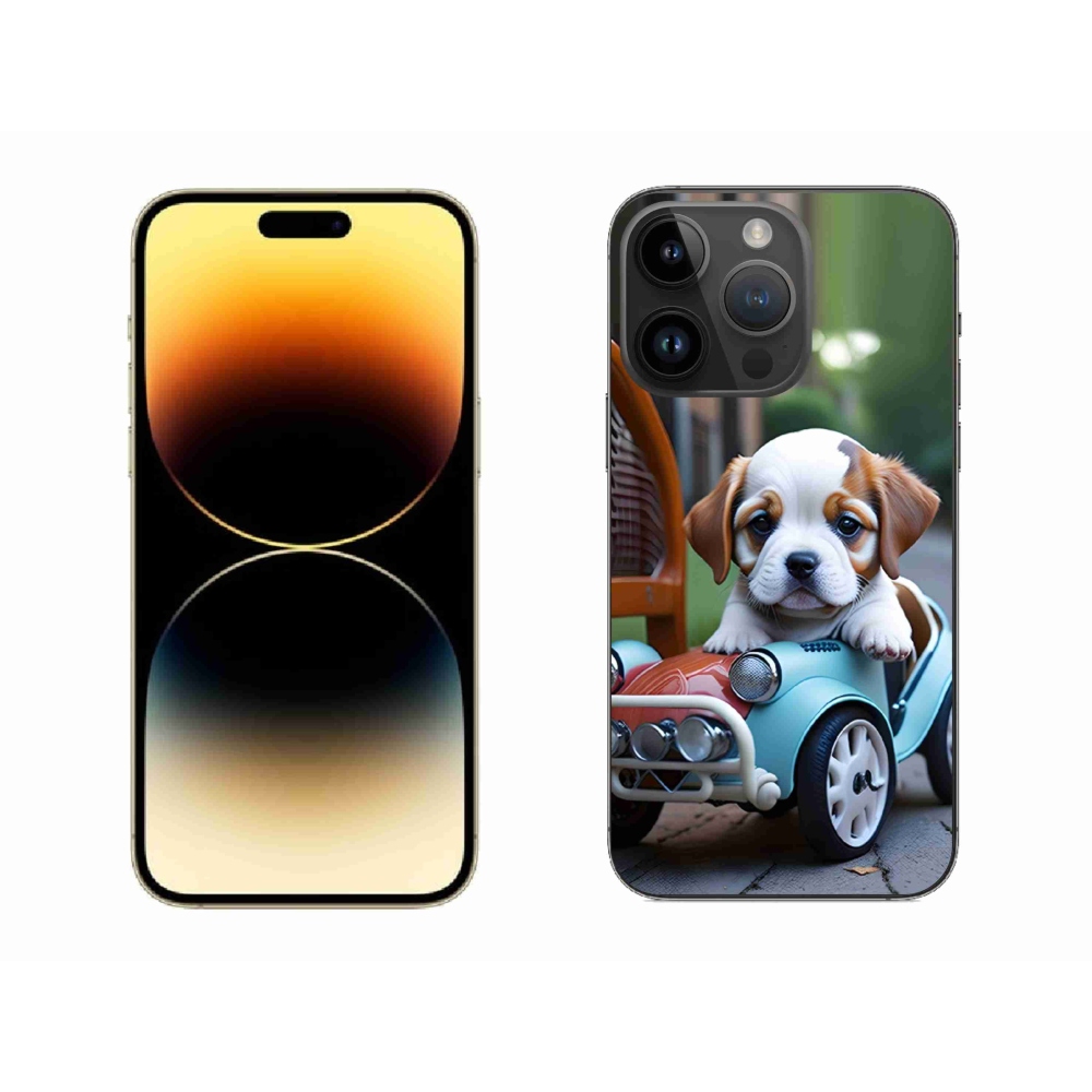 Gelový kryt mmCase na iPhone 14 Pro Max - štěně v retro autě