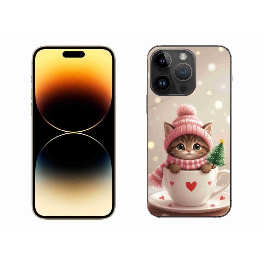 Gelový kryt mmCase na iPhone 14 Pro Max - vánoční kotě v hrnku
