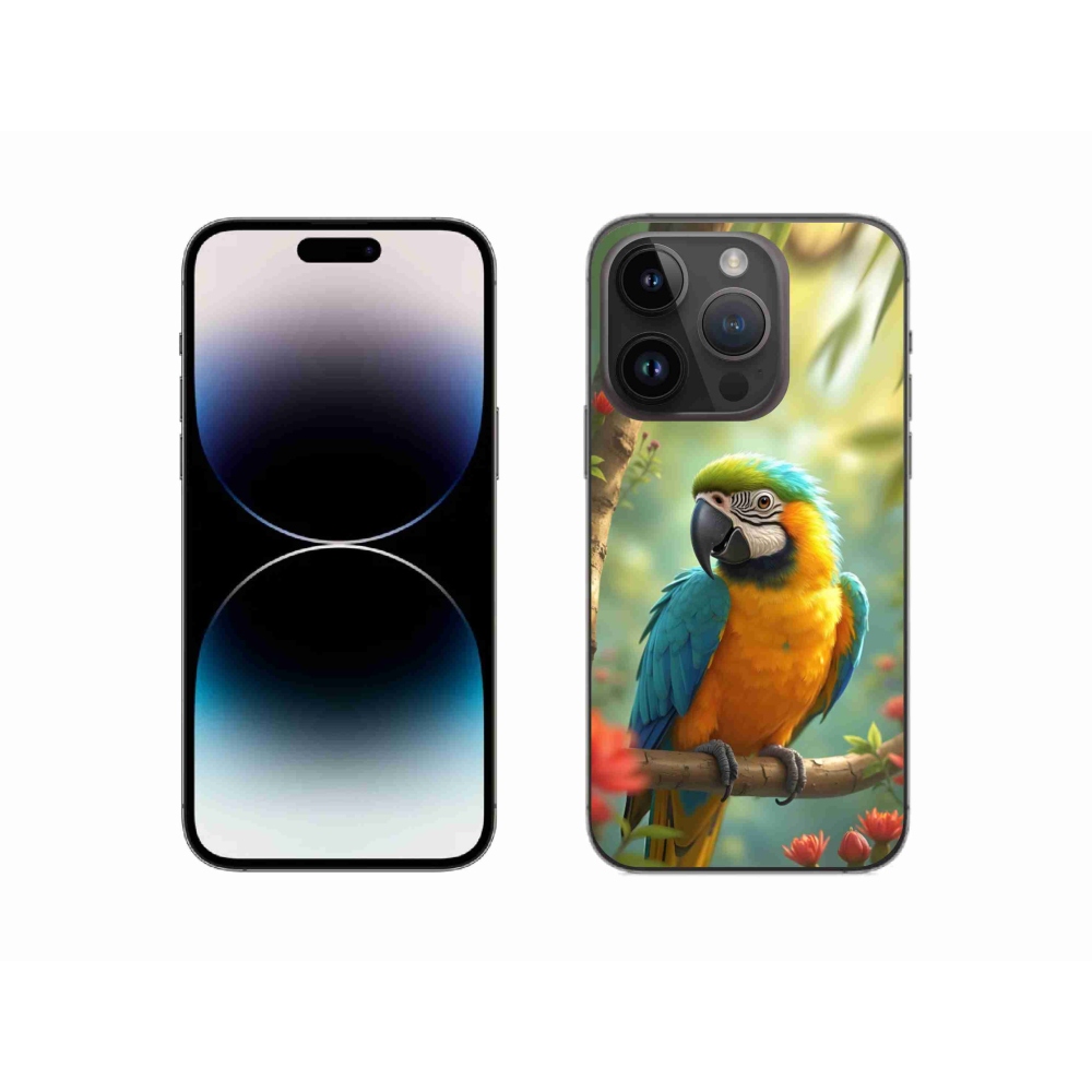 Gelový kryt mmCase na iPhone 14 Pro - papoušek ara modrožlutá