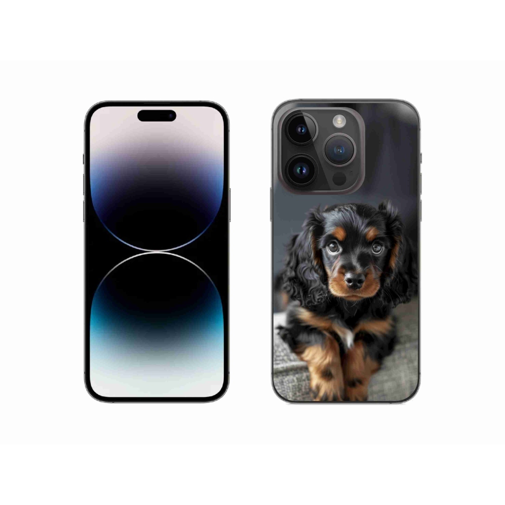 Gelový kryt mmCase na iPhone 14 Pro - roztomilý dlouhosrstý jezevčík
