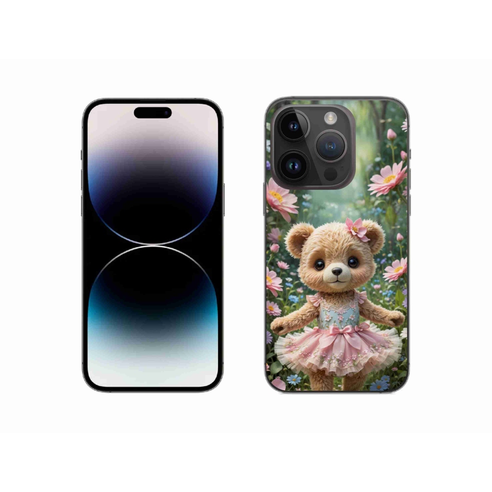 Gelový kryt mmCase na iPhone 14 Pro - roztomilý medvídek v květinách