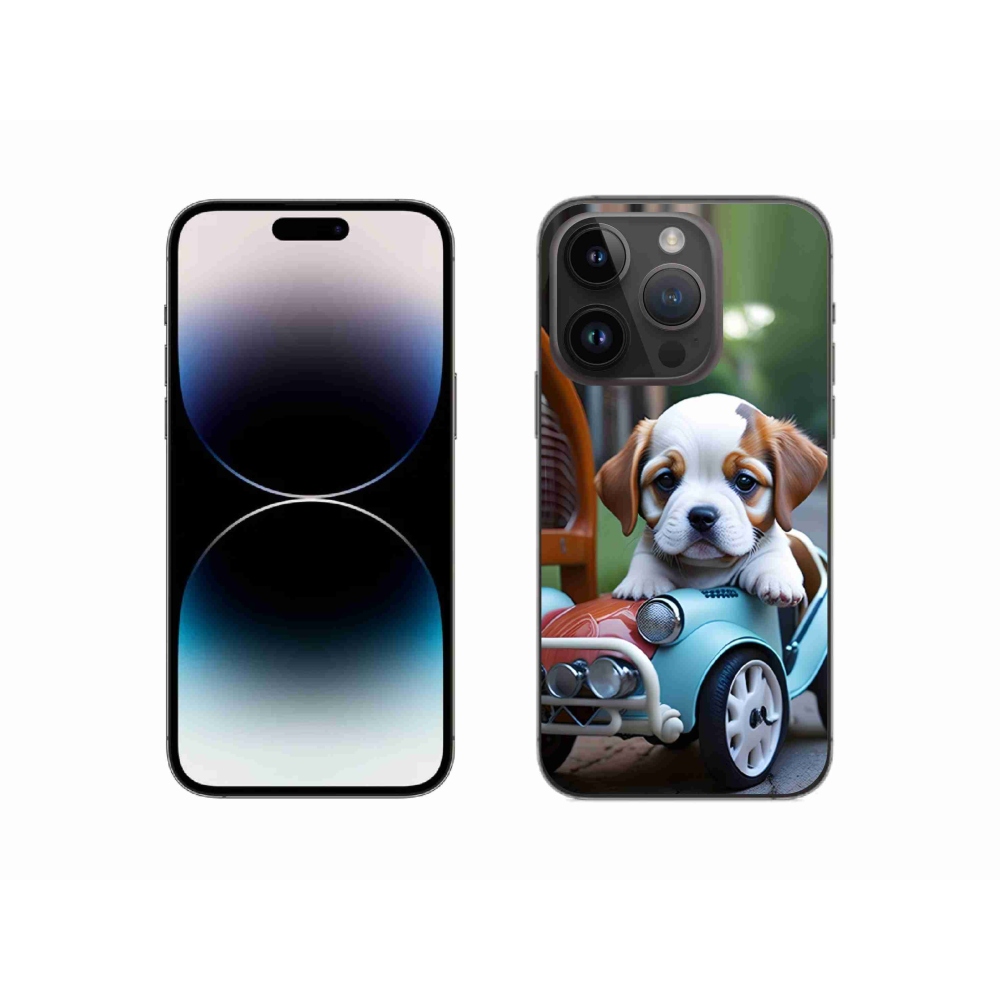Gelový kryt mmCase na iPhone 14 Pro - štěně v retro autě