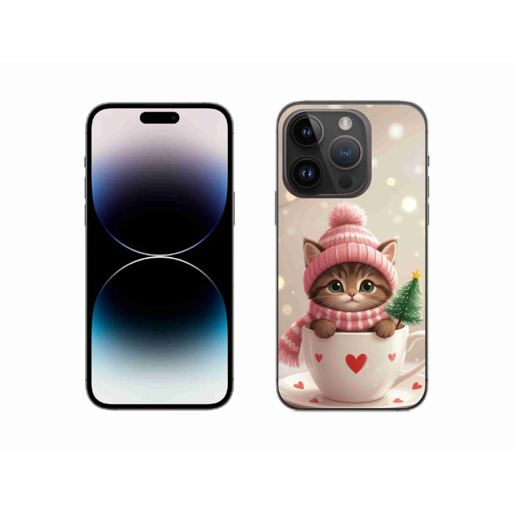 Gelový kryt mmCase na iPhone 14 Pro - vánoční kotě v hrnku