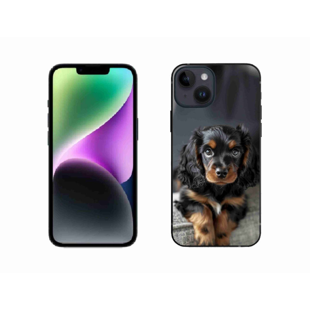 Gelový kryt mmCase na iPhone 14 - roztomilý dlouhosrstý jezevčík
