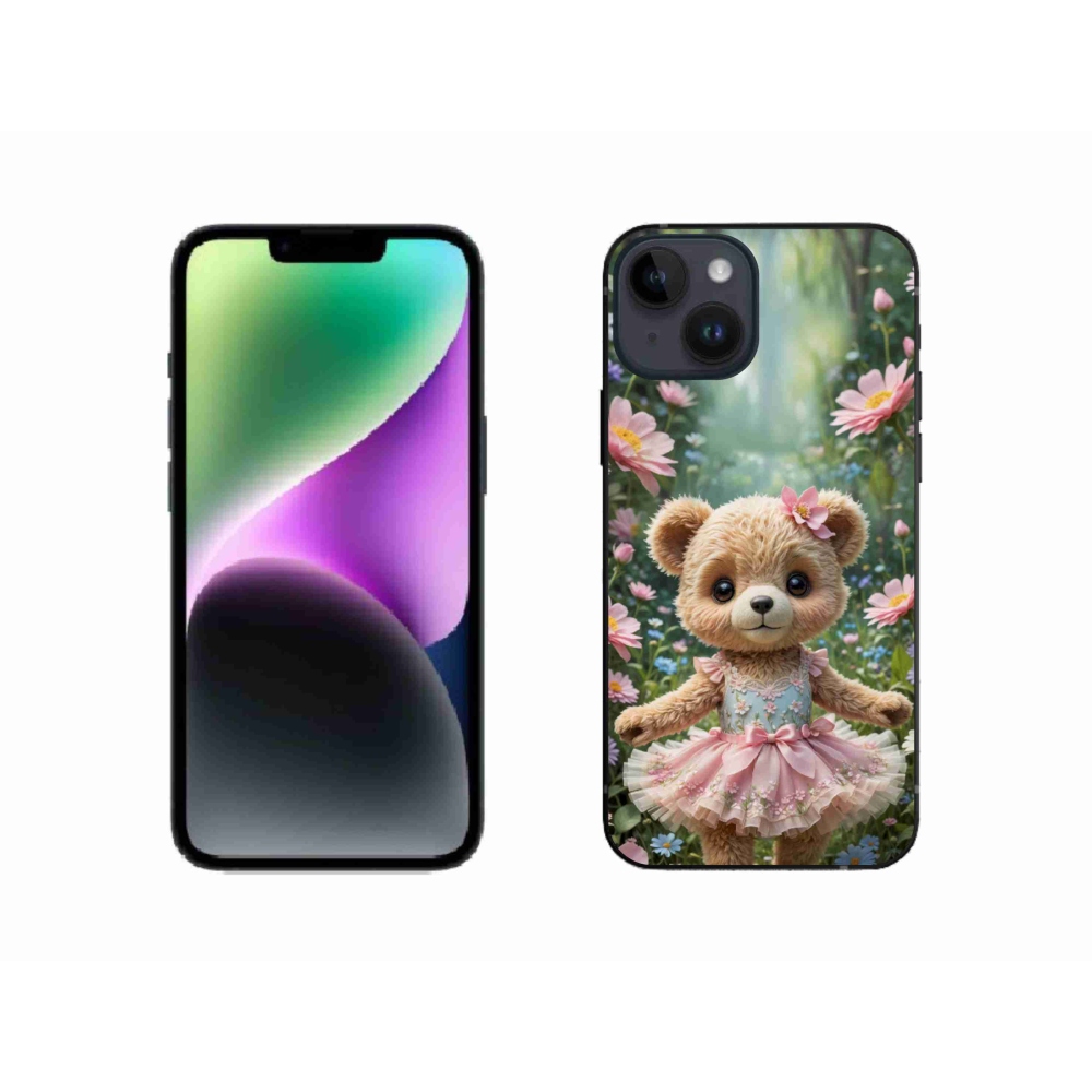 Gelový kryt mmCase na iPhone 14 - roztomilý medvídek v květinách
