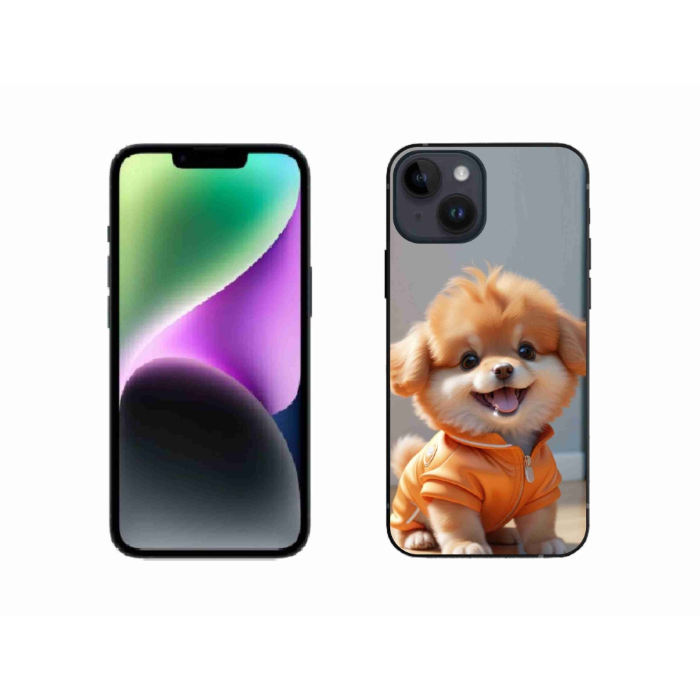 Gelový kryt mmCase na iPhone 14 - roztomilý pomeranian v mikině