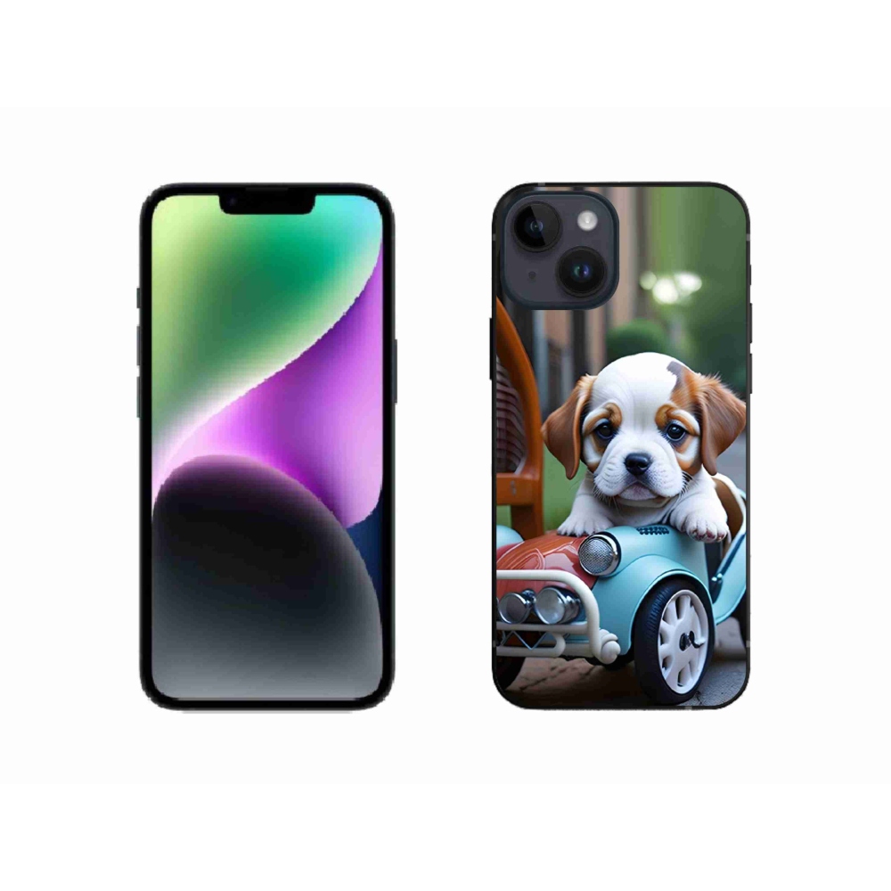 Gelový kryt mmCase na iPhone 14 - štěně v retro autě