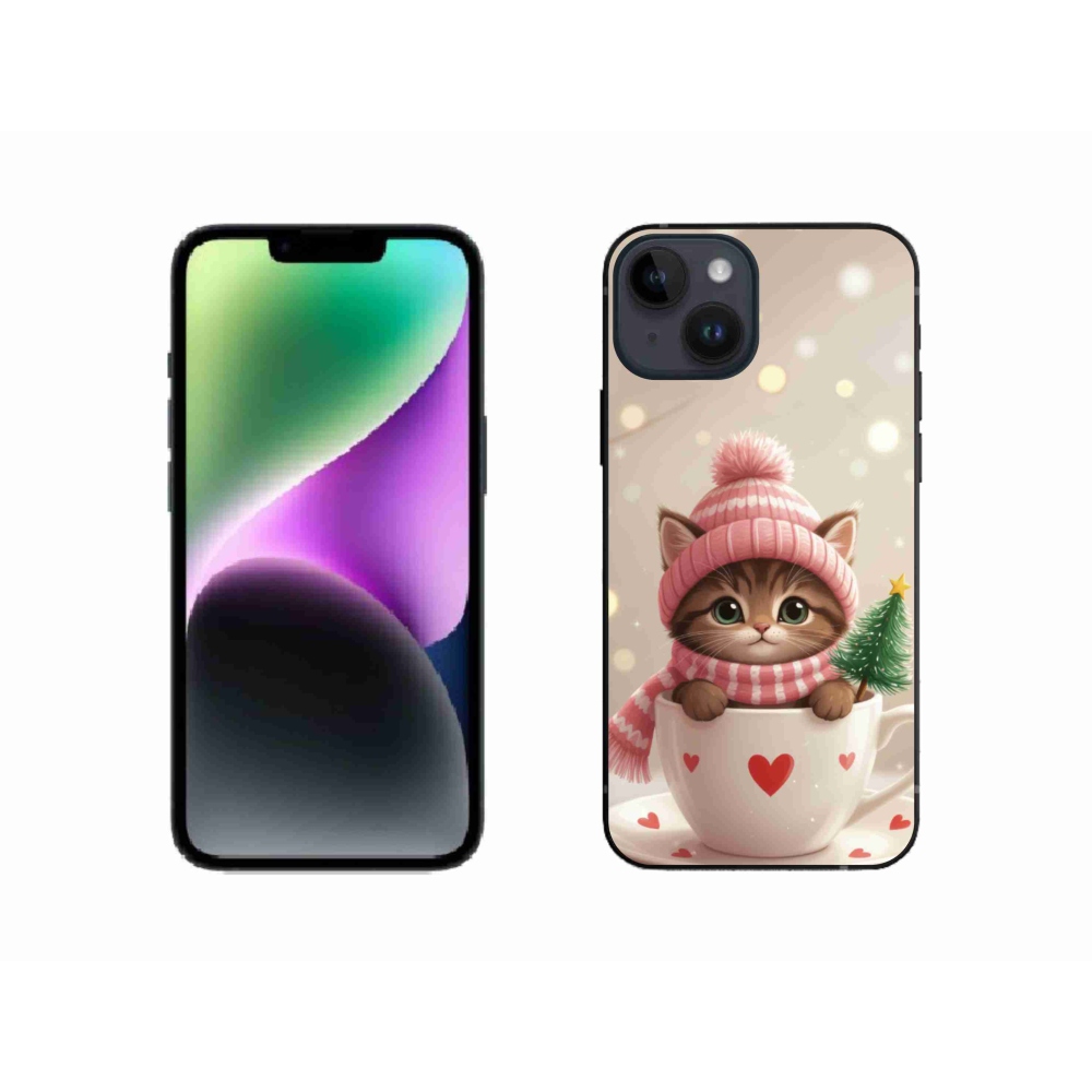 Gelový kryt mmCase na iPhone 14 - vánoční kotě v hrnku