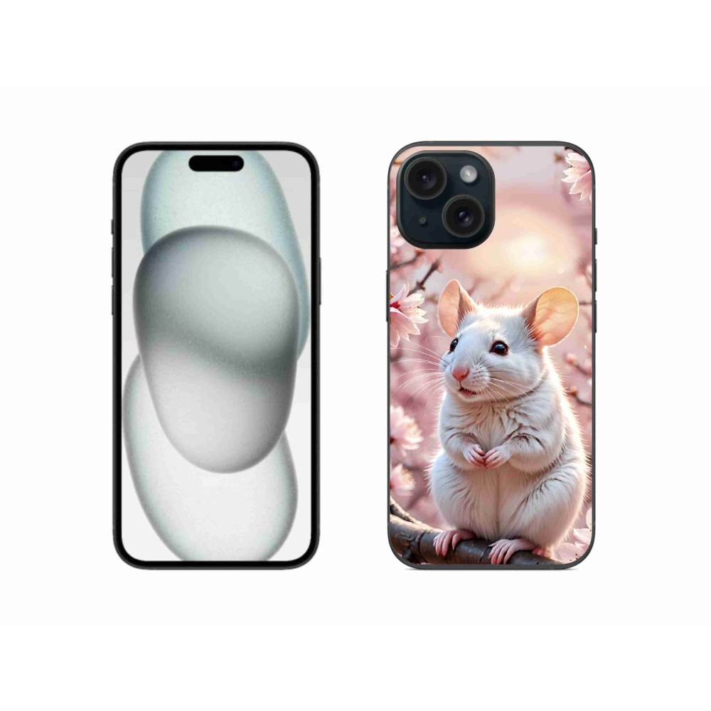 Gelový kryt mmCase na iPhone 15 - bílá myš na větvi