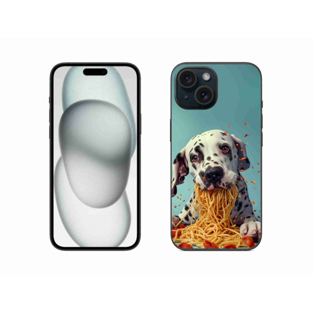 Gelový kryt mmCase na iPhone 15 - dalmatin a špagety