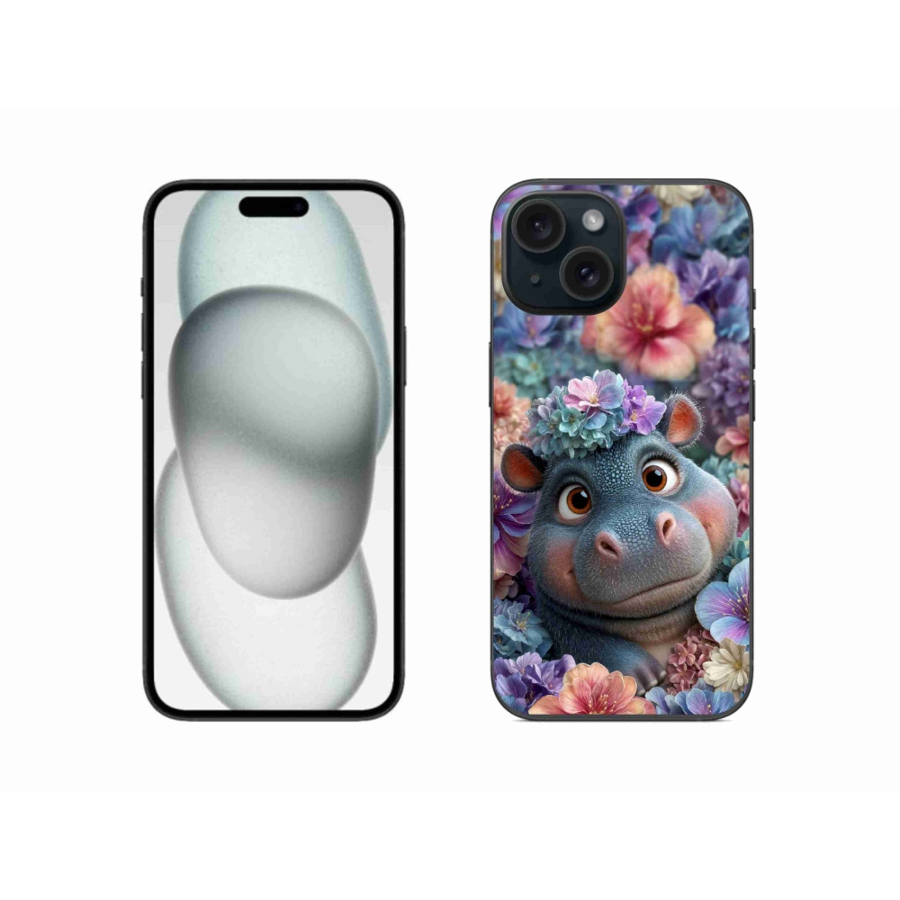 Gelový kryt mmCase na iPhone 15 - hrošík v květinách