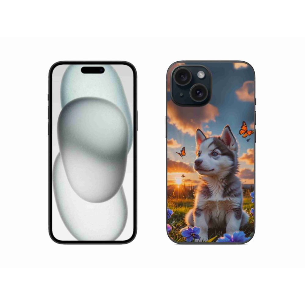 Gelový kryt mmCase na iPhone 15 - husky při západu slunce