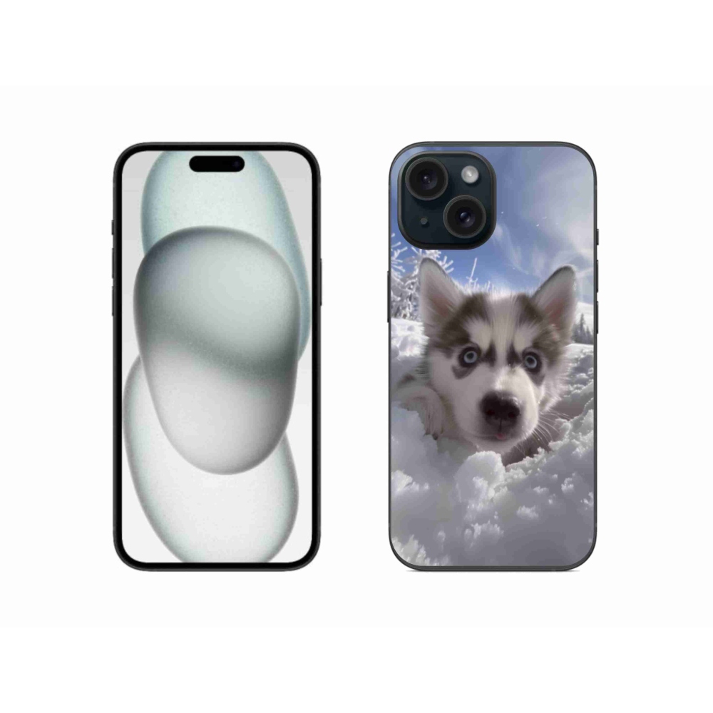 Gelový kryt mmCase na iPhone 15 - husky ve sněhu