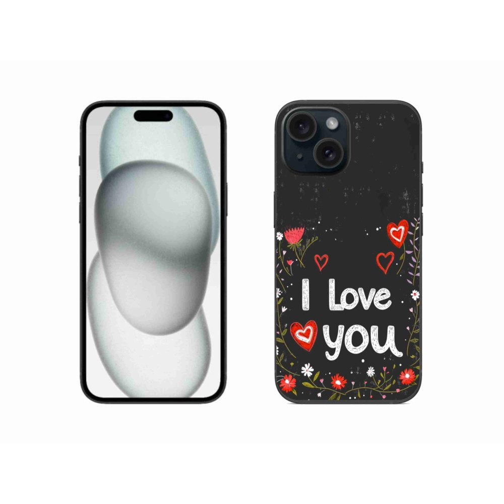 Gelový kryt mmCase na iPhone 15 - I love you černé pozadí