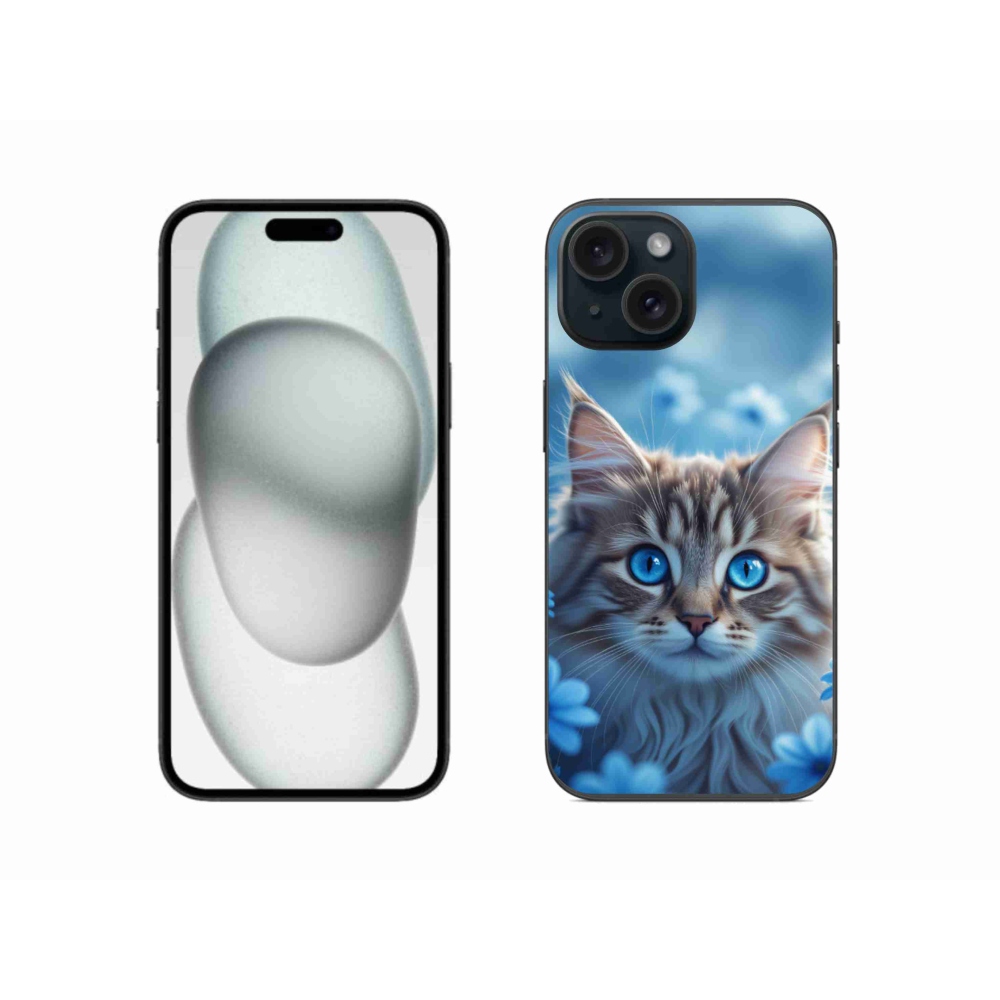 Gelový kryt mmCase na iPhone 15 - koťátko v modrých květech