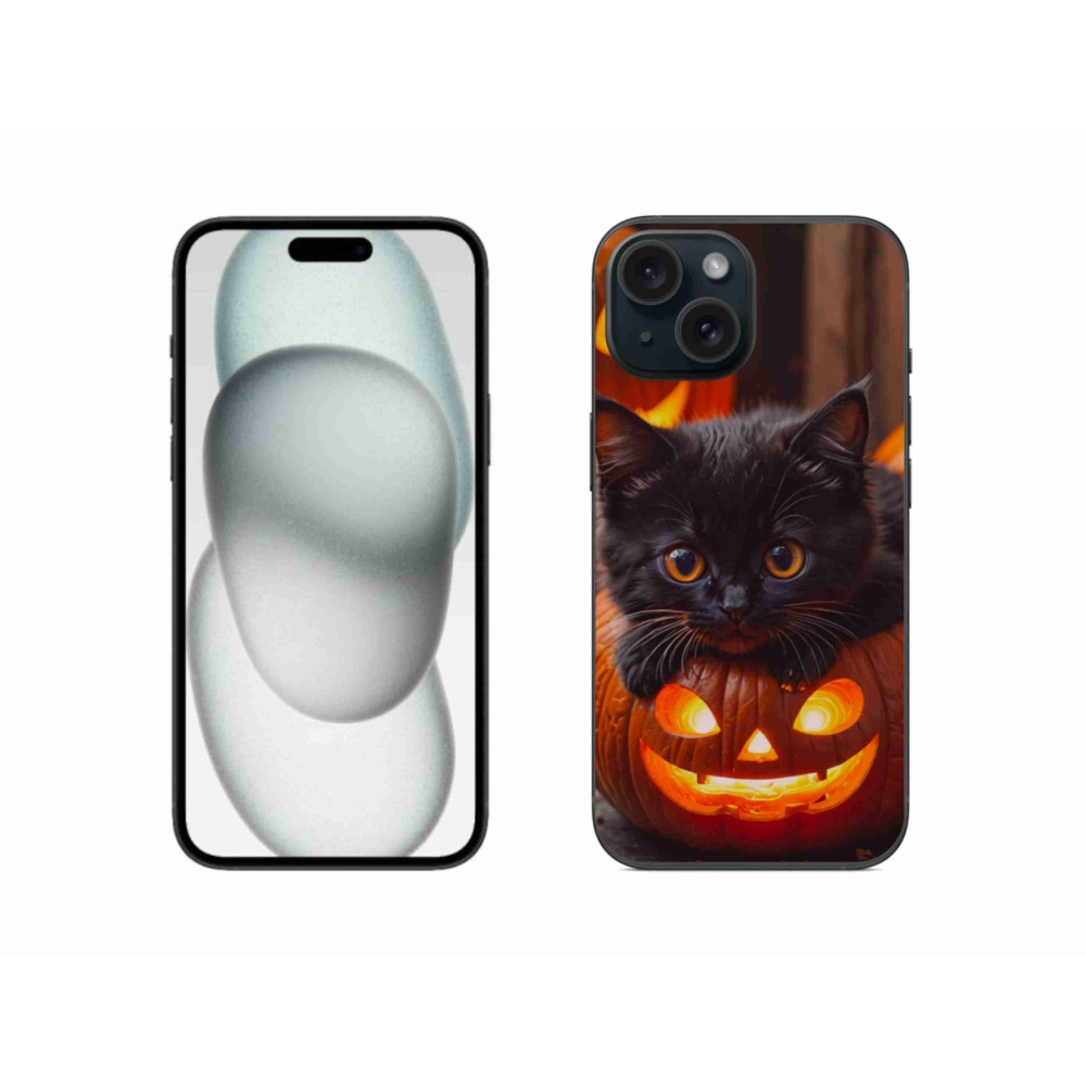 Gelový kryt mmCase na iPhone 15 - kotě a dýně