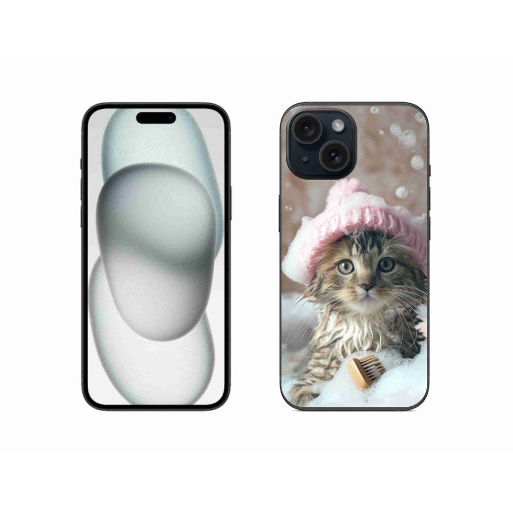 Gelový kryt mmCase na iPhone 15 - kotě a koupel