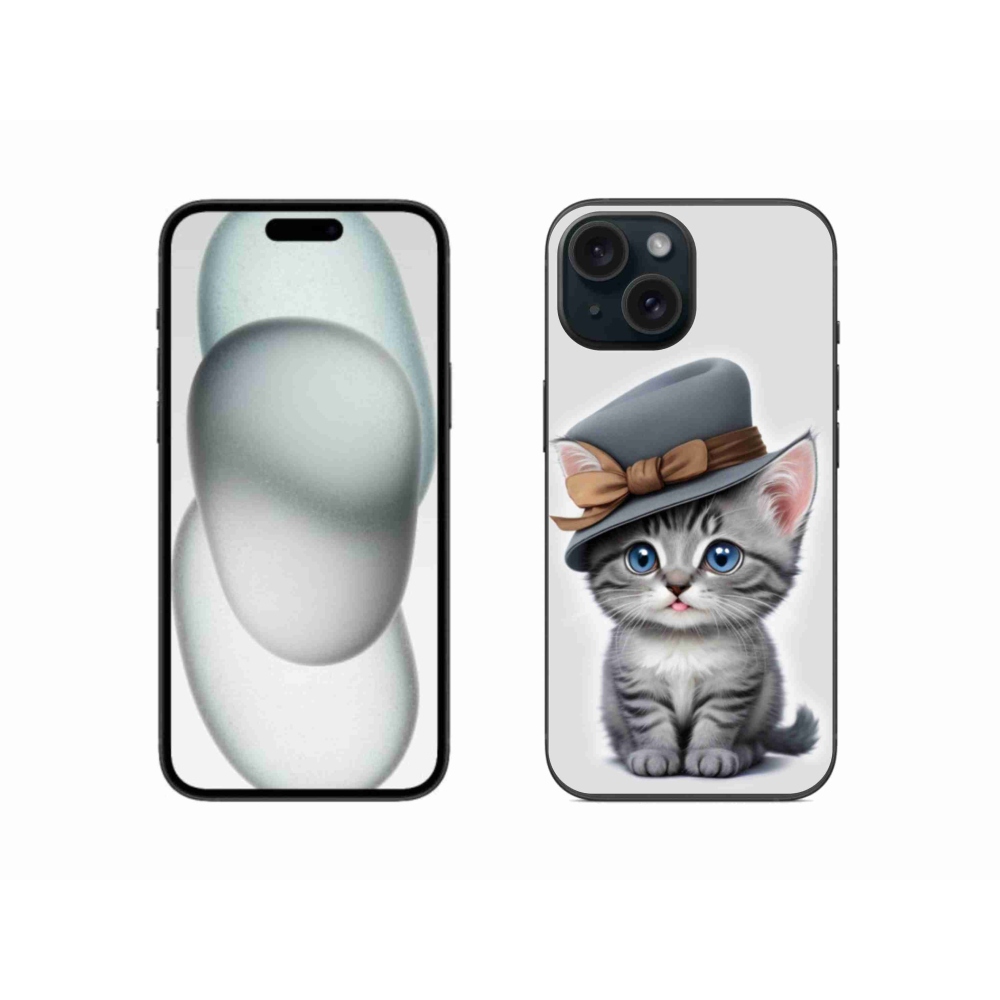 Gelový kryt mmCase na iPhone 15 - kotě s kloboukem