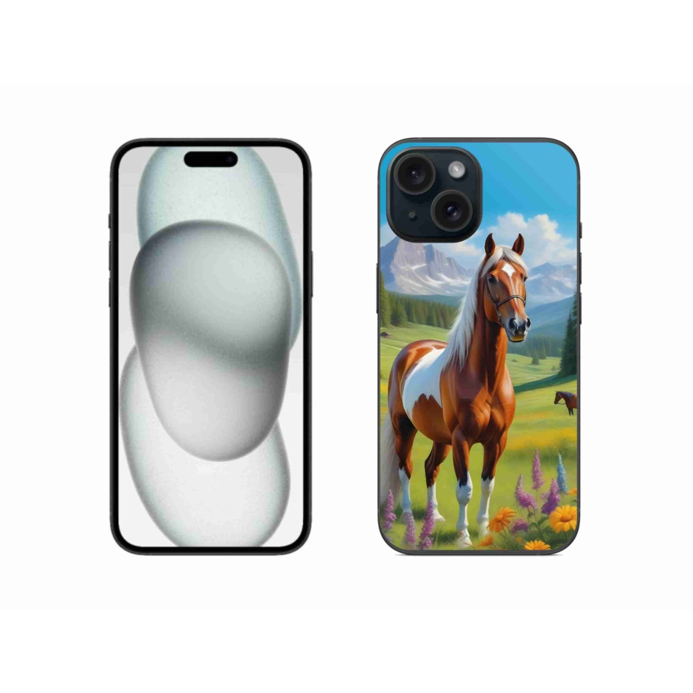 Gelový kryt mmCase na iPhone 15 - kůň na louce