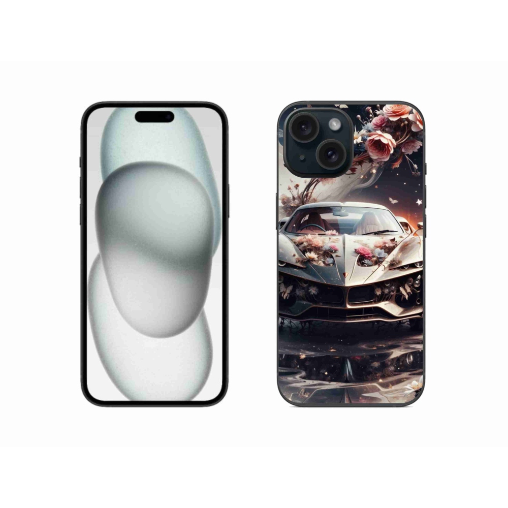 Gelový kryt mmCase na iPhone 15 - květinový sportovní vůz