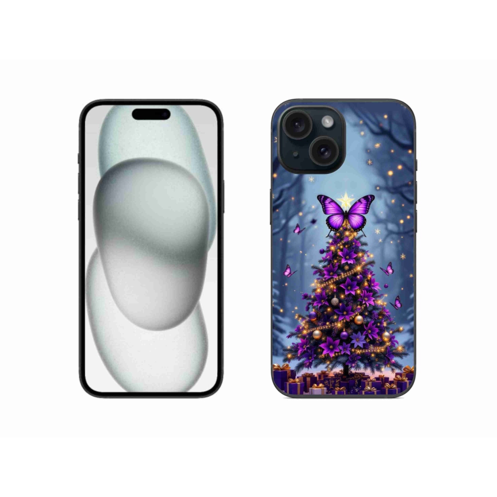 Gelový kryt mmCase na iPhone 15 - motýlí vánoční stromek