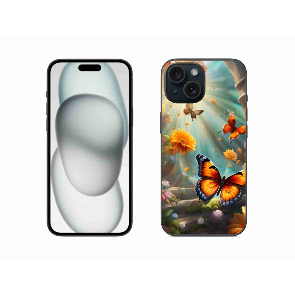 Gelový kryt mmCase na iPhone 15 - motýlí zahrada 2
