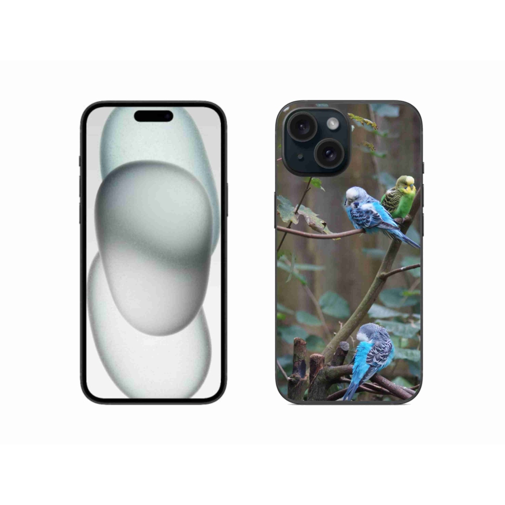 Gelový kryt mmCase na iPhone 15 - papoušci na větvi