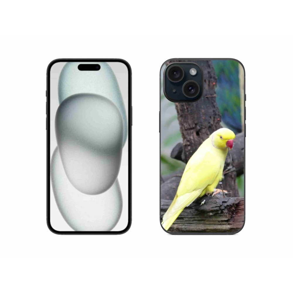 Gelový kryt mmCase na iPhone 15 - papoušek alexandr žlutý