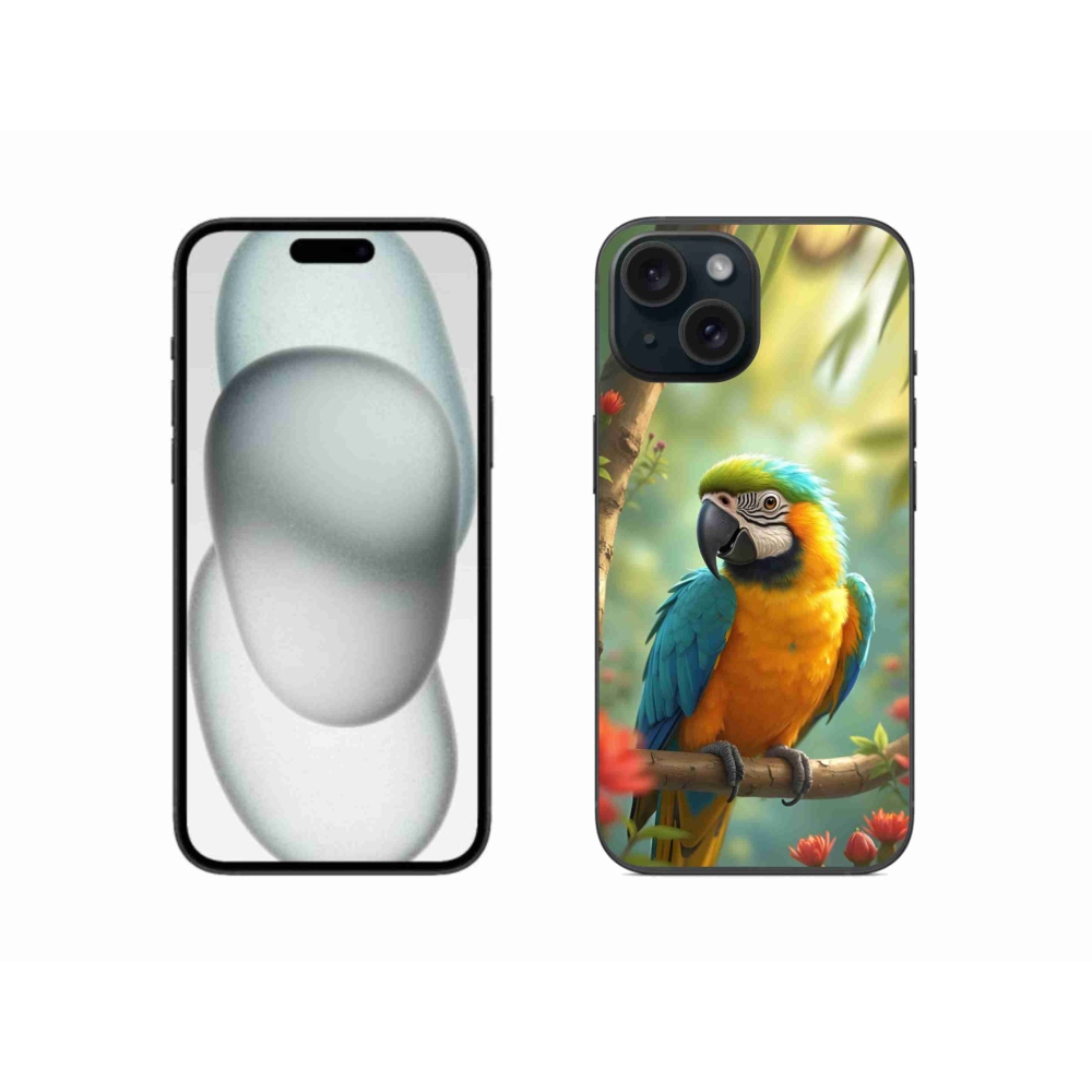 Gelový kryt mmCase na iPhone 15 - papoušek ara modrožlutá