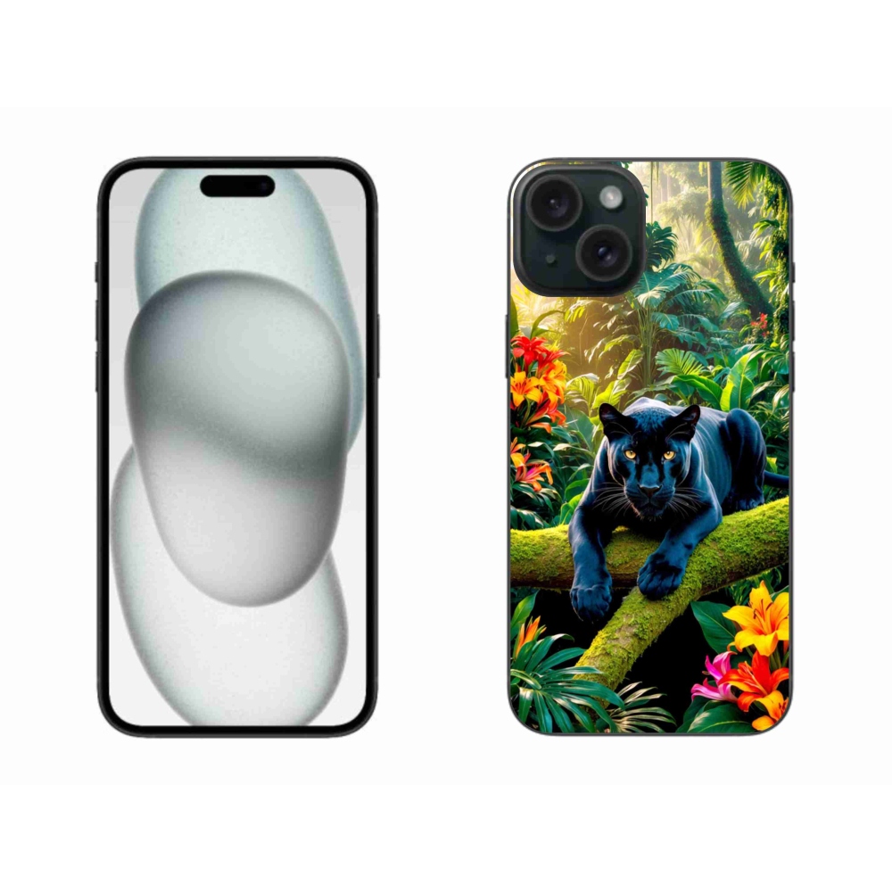 Gelový kryt mmCase na iPhone 15 Plus - černý panter v džungli