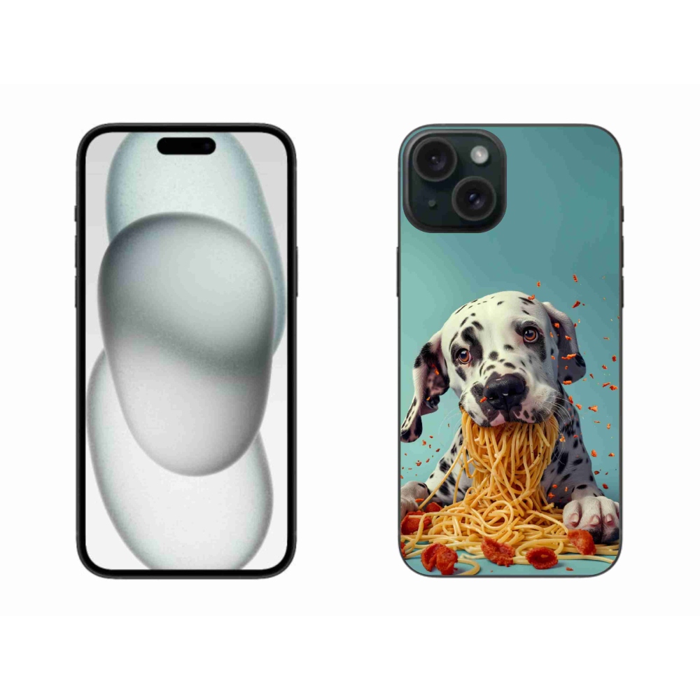 Gelový kryt mmCase na iPhone 15 Plus - dalmatin a špagety