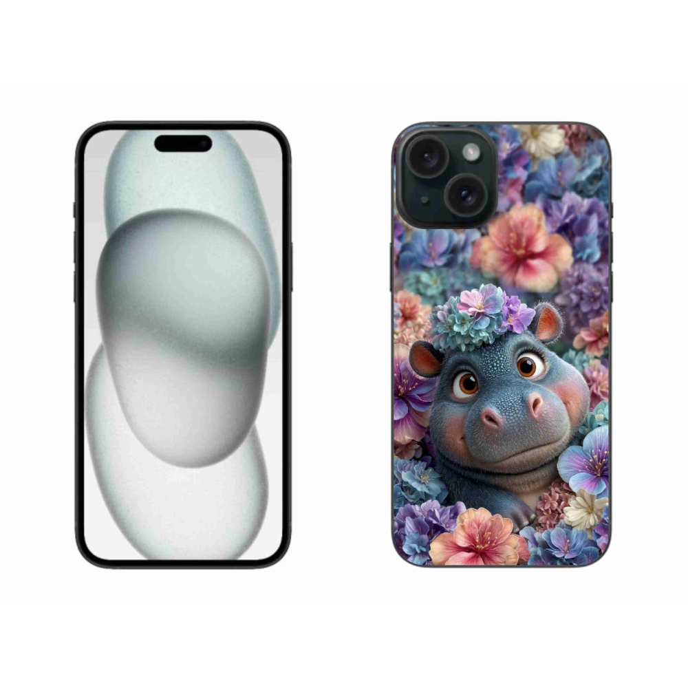 Gelový kryt mmCase na iPhone 15 Plus - hrošík v květinách