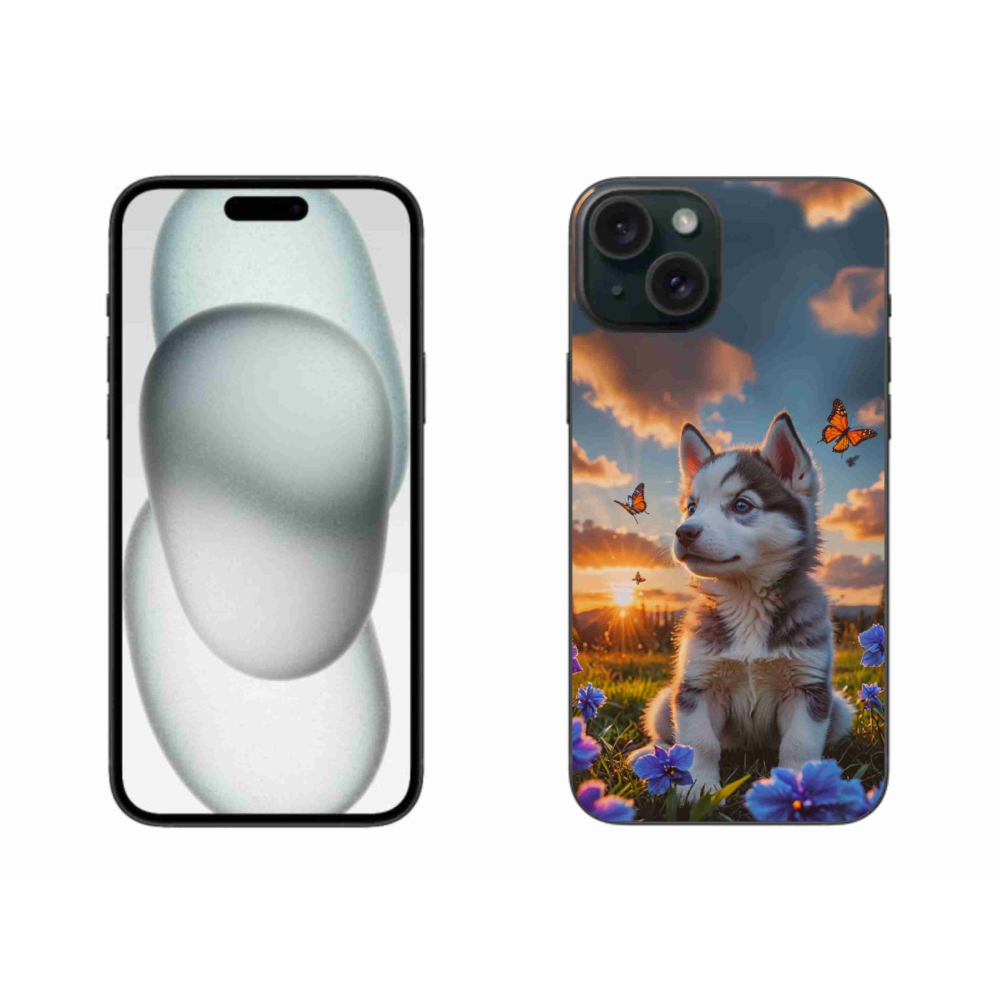 Gelový kryt mmCase na iPhone 15 Plus - husky při západu slunce