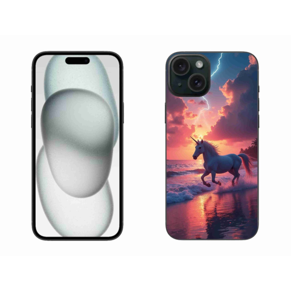 Gelový kryt mmCase na iPhone 15 Plus - jednorožec na pláži