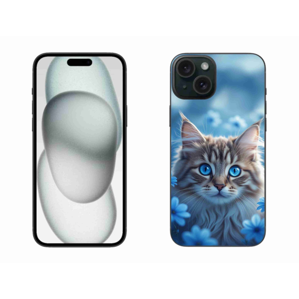 Gelový kryt mmCase na iPhone 15 Plus - koťátko v modrých květech