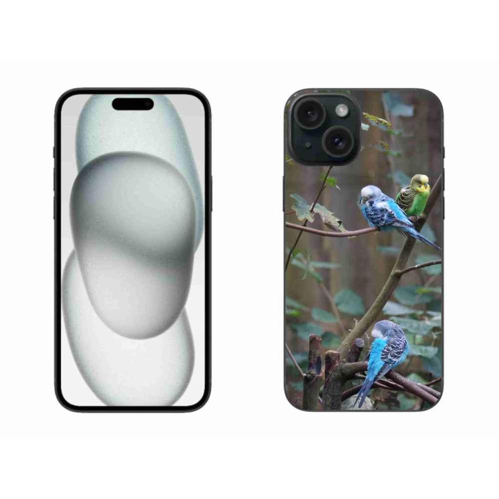 Gelový kryt mmCase na iPhone 15 Plus - papoušci na větvi